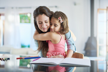 Mother, child and hug for homework helping in home or creative project, school or education. Woman,...