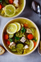 Vegetable soup with baked chicken and lemon .top veiw .style hugge - 787498569