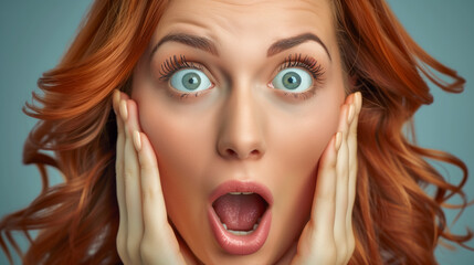 A woman with red hair and blue eyes is making a surprised face. She has her hands on her face and is looking up. a photo of a shocked woman with open mouth