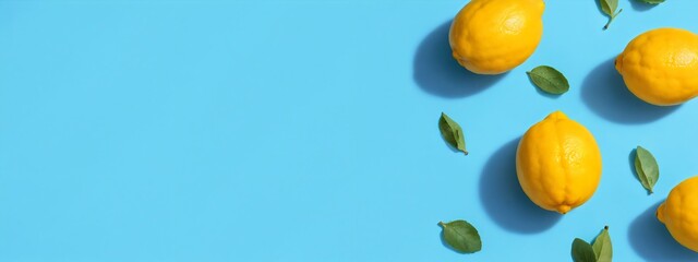 Fresh yellow lemons with mints overhead view