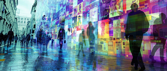 People walk in world of social media, view of silhouettes and data information, abstract news background. Concept of global network, connect, online, people