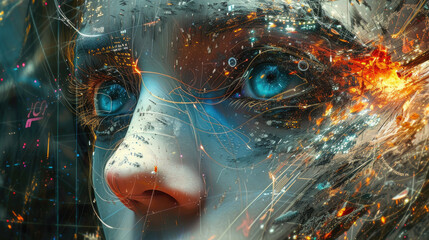 Portrait of humanoid AI robot on abstract background, face of cyborg girl with artificial intelligence. Concept of futuristic technology, fire, innovation, digital future, art