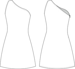 asymmetric neck one shoulder sleeveless zippered short mini dress template technical drawing flat sketch cad mockup fashion woman design style model
