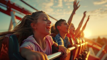 Thrilling Roller Coaster Ride at Sunset with Excited Friends