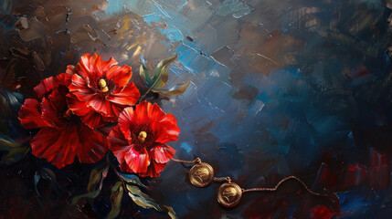 Patriotic war medal and two red flowers. A painting to remember Victory Day on May 9th. - obrazy, fototapety, plakaty