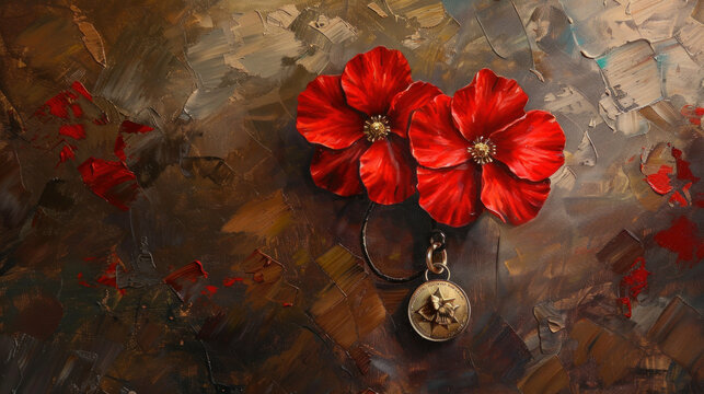 Patriotic war medal and two red flowers. A painting to remember Victory Day on May 9th.
