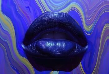Sensual Blue Glitter Lips on Abstract Wavy Background