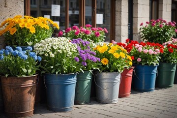 Flowers in buckets outside