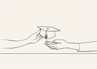 Line Drawing style, simple minimalistic illustration showing a hand giving a graduation cap to another person, white background Generative AI