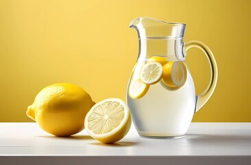Water with lemon in a transparent pitcher on an isolated background  - obrazy, fototapety, plakaty