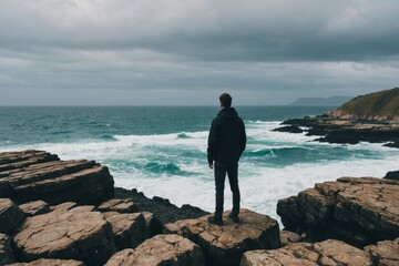 Man standing on rocks overlooking the ocean