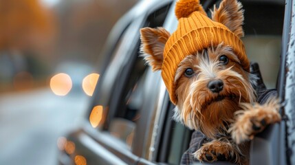 Trendy hat wearing Small dog breed yorkshire Terrier looks out the open window of the car. Closeup