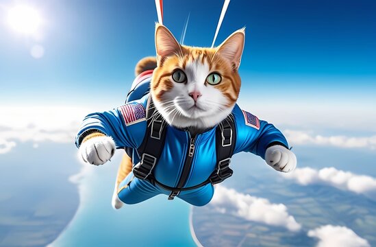 A funny cat in a blue jumpsuit is skydiving. Funny picture for postcards and presentations