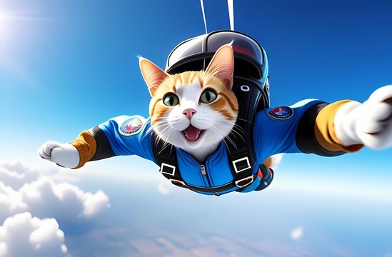 A funny cat in a blue jumpsuit is skydiving. Funny picture for postcards and presentations