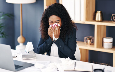 Black woman, business and tissue or blowing nose in office for allergies sneeze, virus or hayfever....