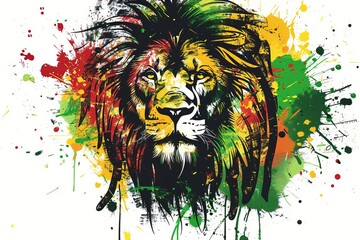 Vector illustration of a reggae lion head with dreadlocks in the style of rasta colors green, yellow, red and white paint splashes on an isolated background, a vector design for a tshirt print or desi