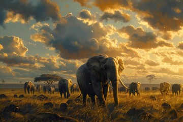 wild africa, sunset in africa, desert trees, sunset and sunlight. elephant walks in nature. African...