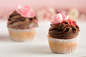 Beautiful cupcakes with chocolate cream and decoration on a blurred background. Selective focus on one cake. Daylight with copy space