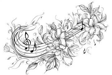 Vector illustration of musical notes and treble clef with floral ornament isolated on white background, vector black outline