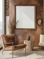 A mockup of a blank square photo frame hanging in the middle of wall with Western, cowboy, rustic decoration