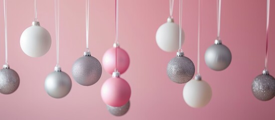 Fototapeta na wymiar Pink, gray, and white ball ornaments hanging on a soft-colored backdrop, ideal for home decor with space for adding text.