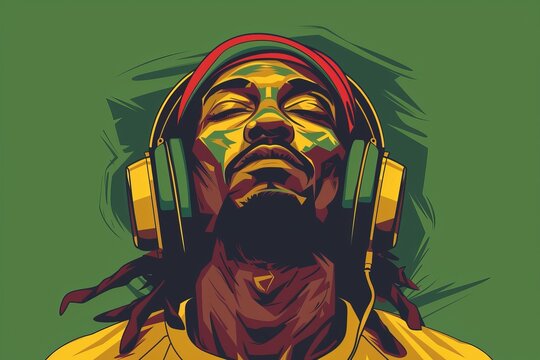 vector logo of Rastafarian with headphones on green background, in the style of jamaican rasta theme, vector art, vector illustration, flat design, 2d, vector graphics sticker art, vector graphics