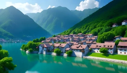 Foto auf Acrylglas  image of serene village nestled between calm lake and lush green mountains. The village of several buildings indicating they are made of stone or plaster © Zulfi_Art