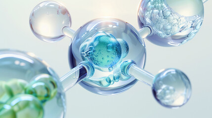 Scientific illustration of glass pipettes and floating orbs with substances. - obrazy, fototapety, plakaty