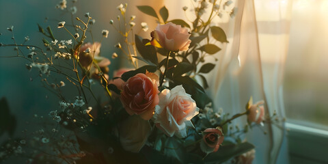 Bouquet with roses in the room on the background of the window, golden hour. AI generated
