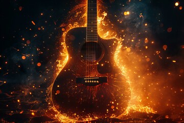 Guitar on fire on dark background