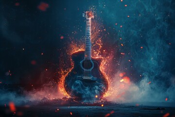 Guitar on fire on dark background