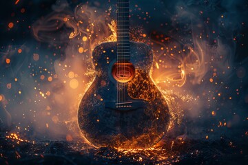 Guitar on fire on dark background - obrazy, fototapety, plakaty