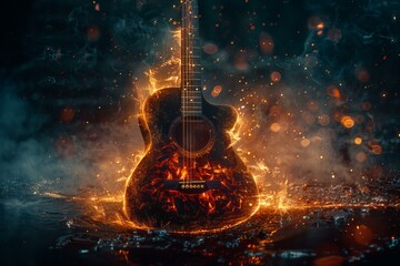 Guitar on fire on dark background