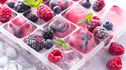 fresh berries in ice cubes