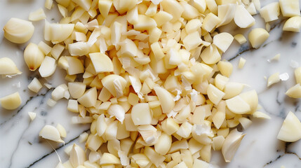 freshly diced garlic cloves in the kitchen on marble board