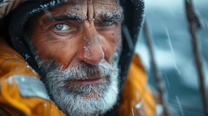 A powerful image of a rugged fisherman at dawn, salt and weather lines marking his face, with the ocean in the background and the first light of day illuminating his intense 