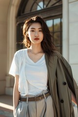 Woman Standing by Window Next to Building