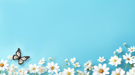 Serene, vibrant banner with copy space for text, capturing essence of spring, featuring delicate butterfly perched on white daisies against soft blue background, related to nature, beauty, tranquility