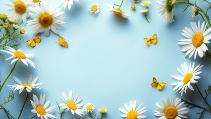 Collection of white daisies and yellow butterflies, gracefully arranged in frame, empty center copy space for text on light blue background, concept of calm and tranquility, spring and youth, renewal