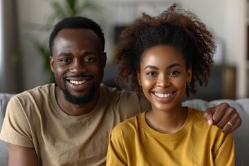 A cheerful African American couple in casual clothes pose for a portrait with warm smiles
