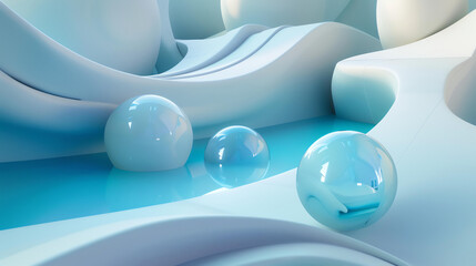 3D rendering. Futuristic interior with white walls and blue glowing spheres. Abstract architecture background.