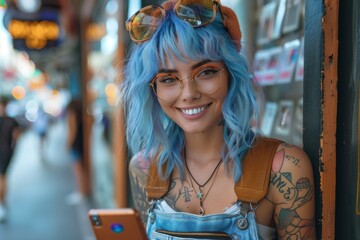 Fashionable female with striking blue hair and tattoos poses with a cell phone