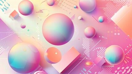 Abstract 3D rendering of geometric shapes. Pink and blue pastel color spheres and cubes on light pink background.