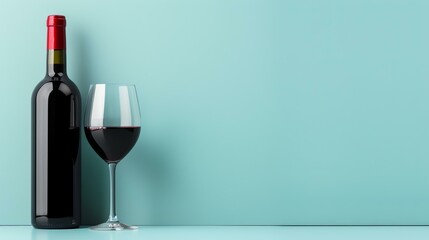 A bottle of red wine and a glass of red wine on a blue background.