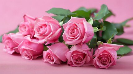 A beautiful bouquet of pink roses. The soft, velvety petals are arranged in a perfect spiral, and the deep green leaves provide a striking contrast.