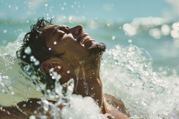 Fototapeta na wymiar Happy Swimmer Rising from Water Splashes, Radiant Daylight