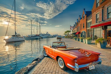 Red Classic Convertible Overlooking Marina with White Yachts - obrazy, fototapety, plakaty