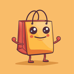 a cute shopping bag with face, arms and legs in a cartoon style