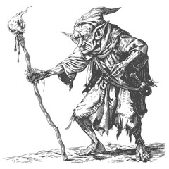 goblin mage or necromancer with magical staff images using Old engraving style