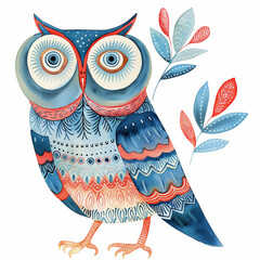 watercolor scandinavian folk art owl illustration, blue and light red colors